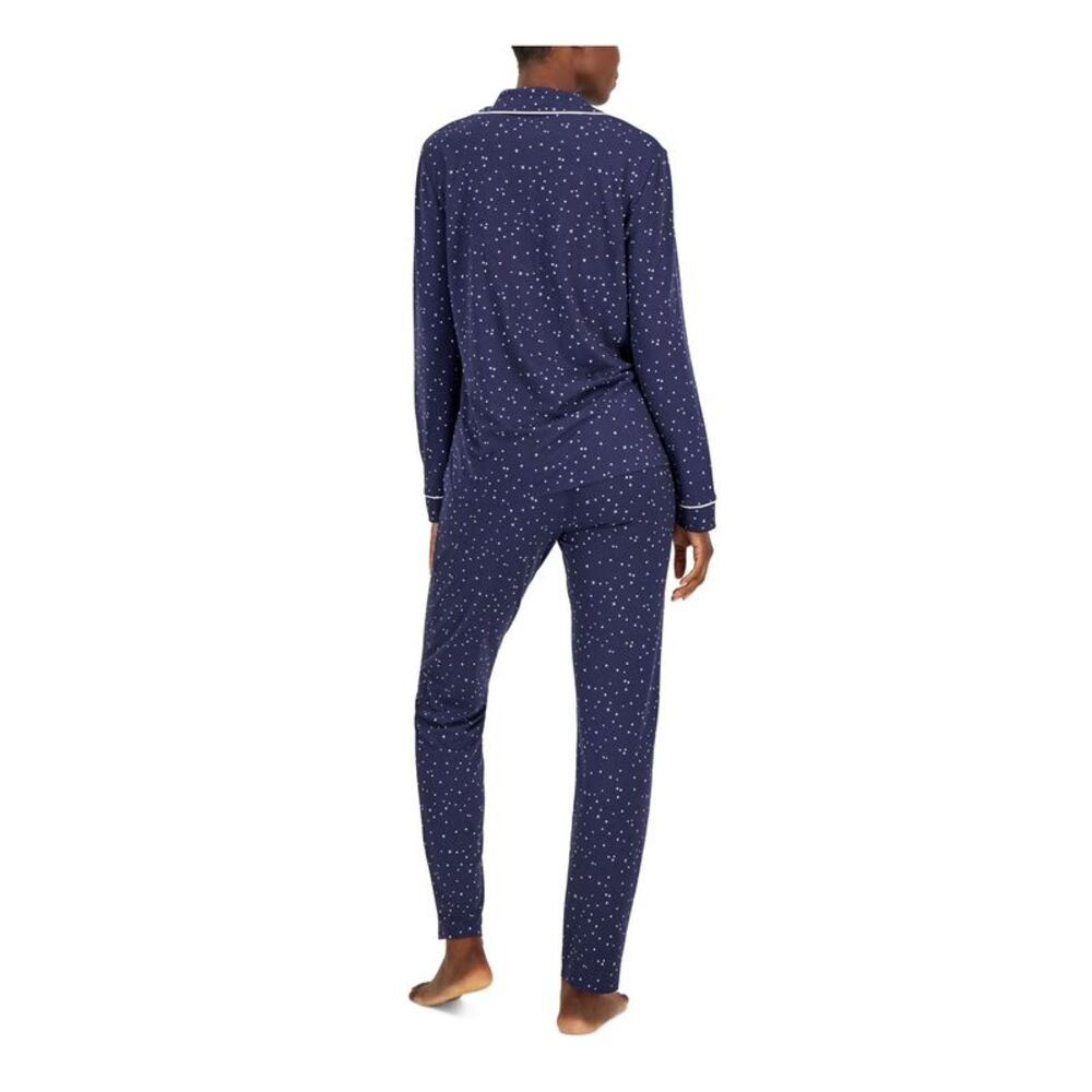 ALFANI Womens Navy Notched Collar Long Sleeve Top Straight leg Pants Pajamas M - Picture 2 of 2